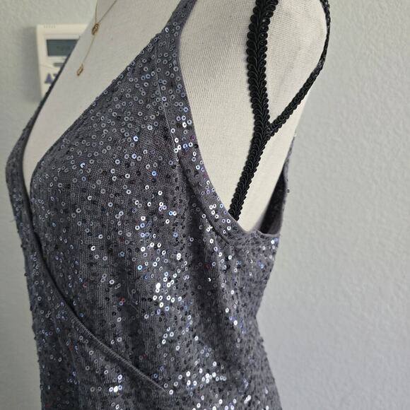 EILEEN FISHER Silk Sequin Sparkle Gray Dress Sz L Evening Cocktail Holiday Glam - Picture 3 of 8